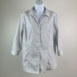 Christopher & Banks sz PL Button Front Shirt White Black Polka Dot 3/4 Sl